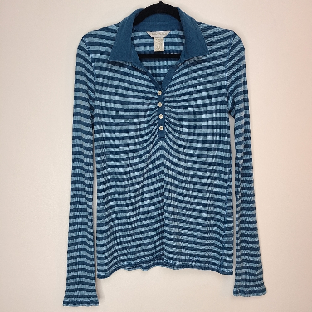 Horny Toad Long Sleeve Thermal Top Mid Button-Up Collar Stripes Blue Size Medium